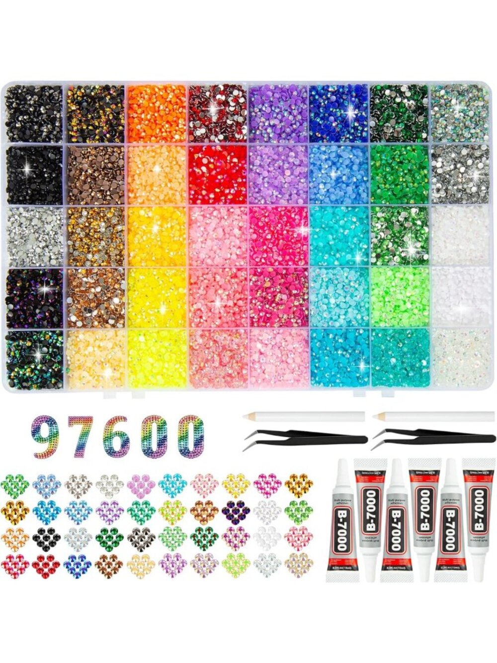 97600 Pcs Multicolor Flatback Rhinestones & B7000 Glue for DIY Nail Art & Crafts